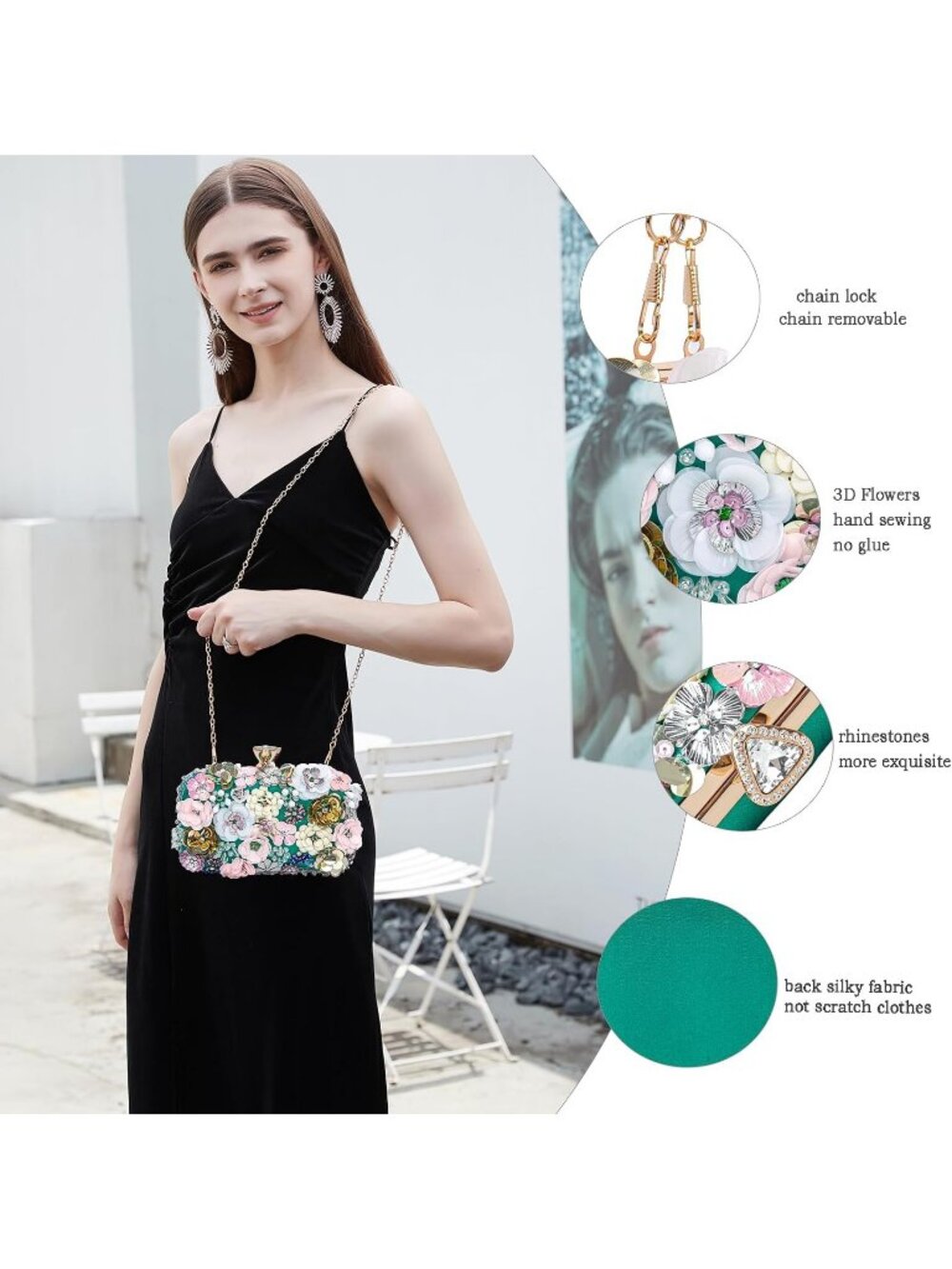 Women's Green Floral Beaded Chain Strap Party Prom Clutch Purse Evening Bag - Picture 5 of 7